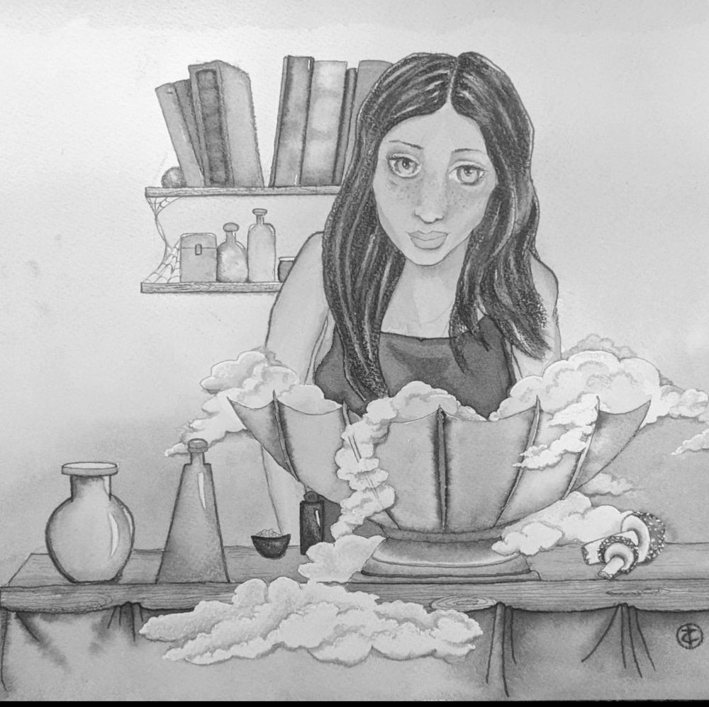 Watercolor painting of a woman at a table with an assortment of bottles, salt, and mushrooms on the table. She's in front of a large bowl that's acting as a cauldron and smoke billows out of it. Behind her are shelves full of more bottles and old books. 