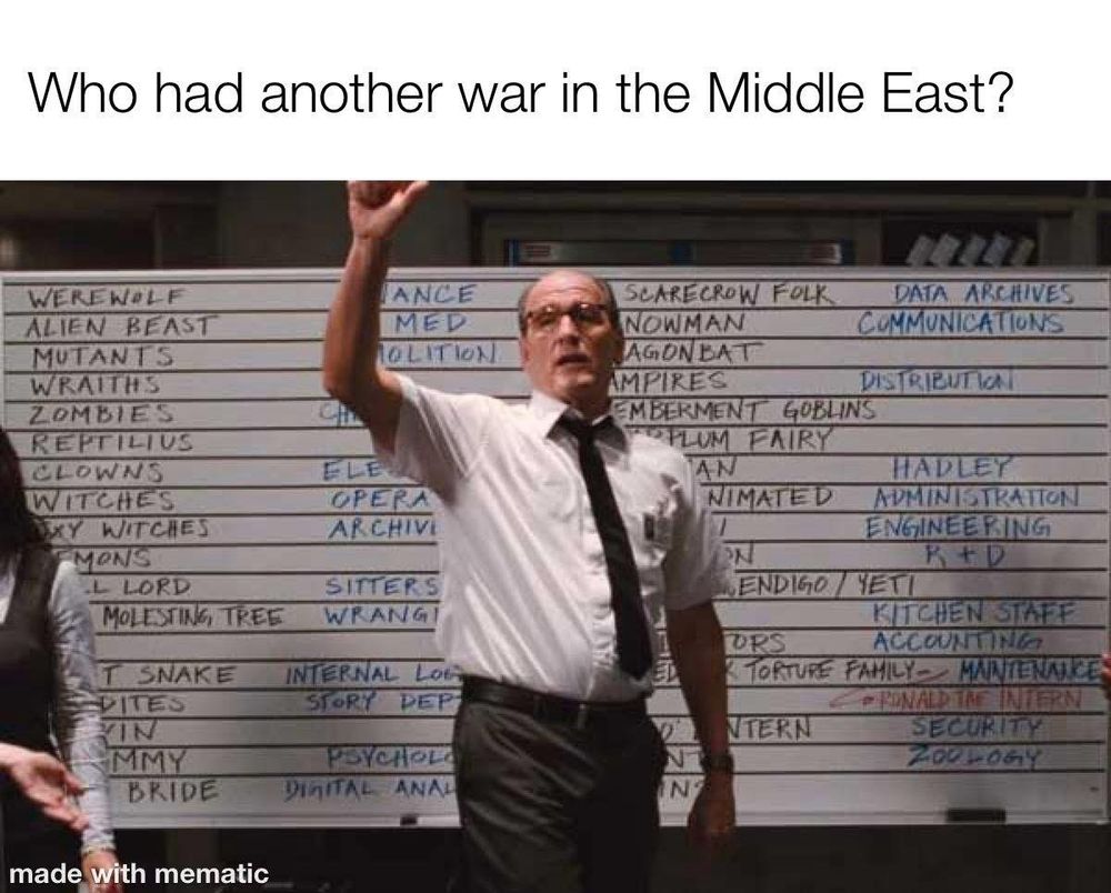 Cabin in the Woods betting whiteboard meme.
Text above the man taking bets says "Who had another war in the Middle East?"