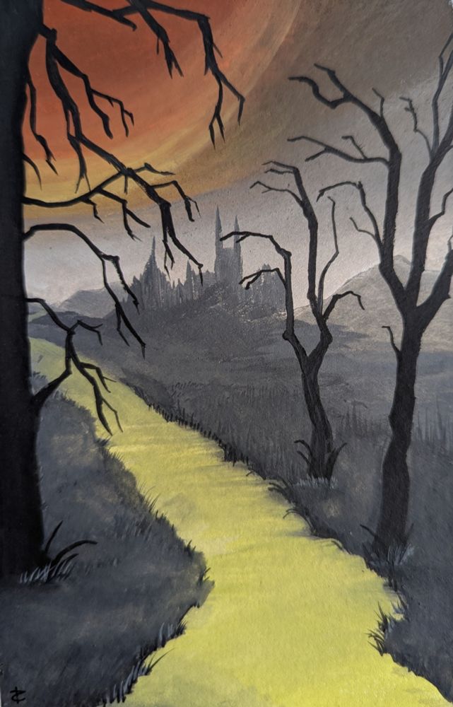 Gouache painting of a weird landscape: a giant orange sun or moon looms in the sky above an eerie, eldritch town or castle in the distance. A yellow road leads from the town/castle out towards a copse of trees.