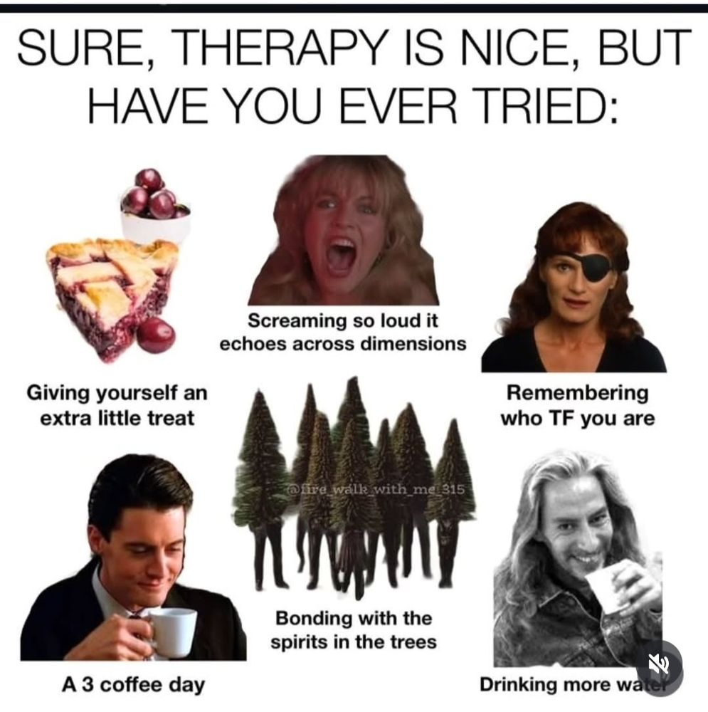SURE, THERAPY IS NICE, BUT HAVE YOU EVER TRIED:
[Picture of cherry pie] Giving yourself an extra little treat 
[Laura Palmer screaming] Screaming so loud it echoes across dimensions
[Picture of Nadine] Remembering who TF you are]
[Dale Cooper] A 3 coffee day
[Pine trees] Bonding with the spirits in the trees
(BOB holding a cup] Drinking more water