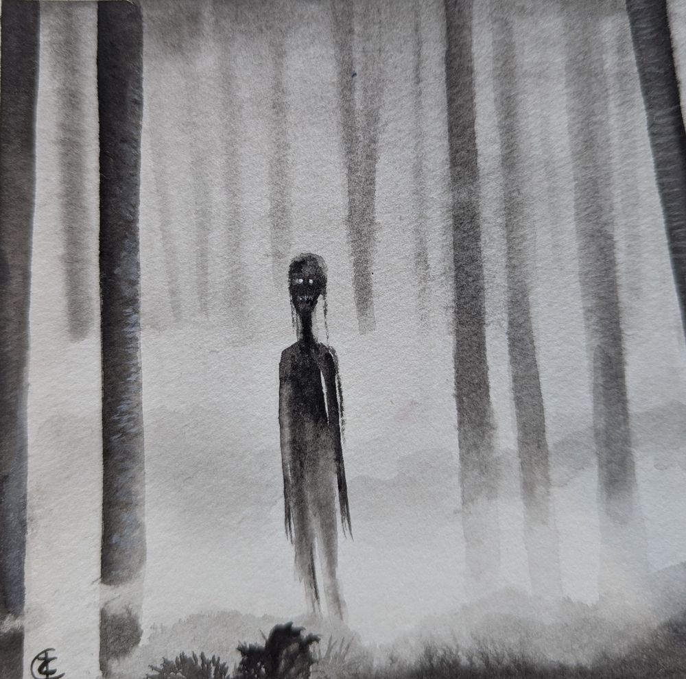 An illustration of a foggy/misty forest where a shadowy being stands surrounded by trees and fog