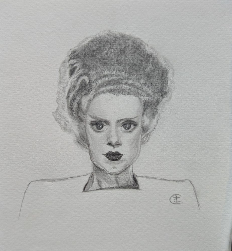 A pencil drawing that's supposed to be Elsa Lanchester in The Bride of Frankenstein but instead looks more like her sister or cousin.