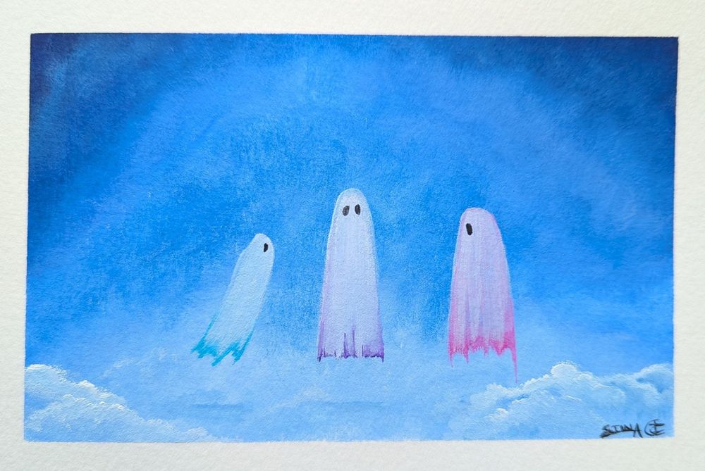 Gouache painting of three ghosts floating above the clouds surrounded by blue sky. Each of the ghosts has different colored shroud ends: teal, purple, pink.