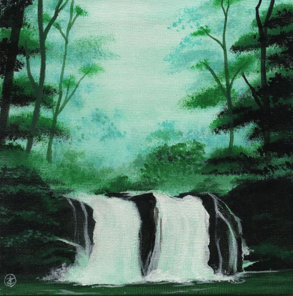 An acrylic painting/landscape of two waterfalls in a misty, dreamy forest.