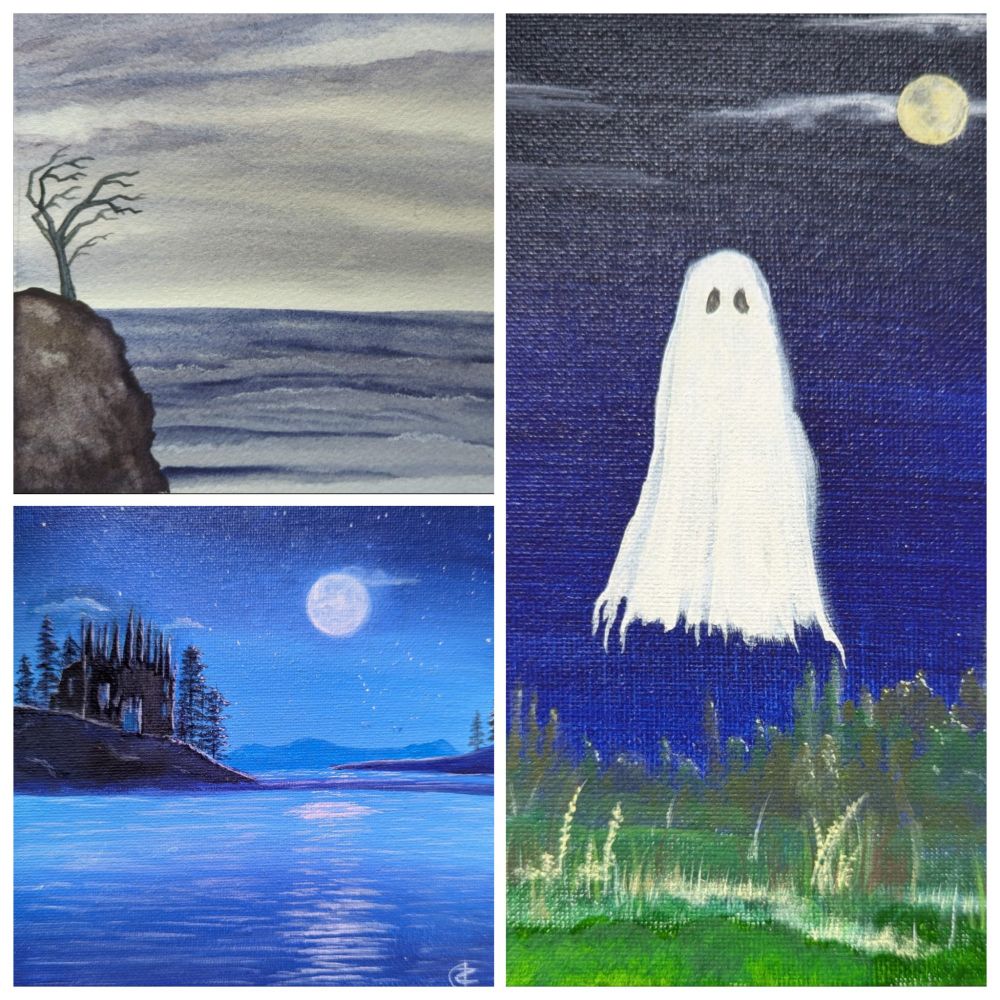 3 original paintings: a watercolor landscape and two acrylic paintings: one of a castle on the water and one of a ghost
