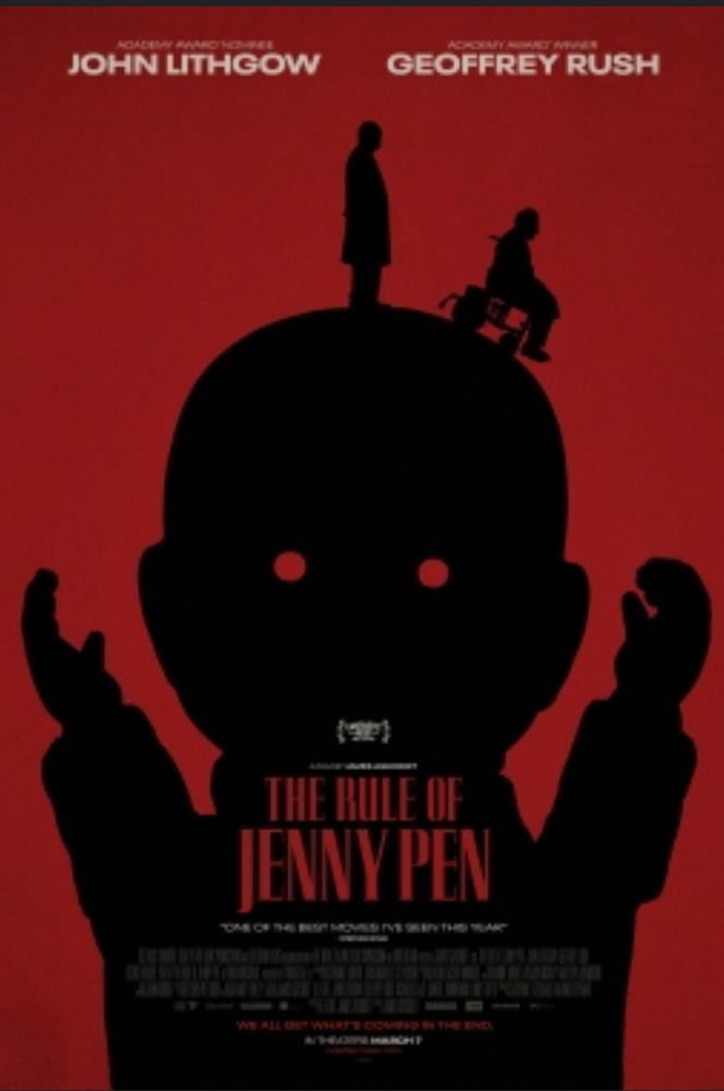 Poster for The Rule of Jenny Pen. A silhouette of a doll head and body, and the shadows of two men stand atop it, in black with a red background.