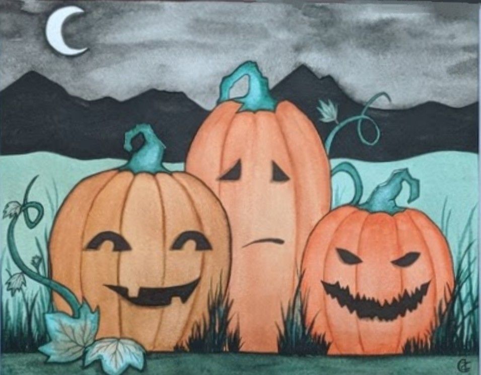 A watercolor painting of 3 Jack O'Lanterns: one happy, one sad, and one michevious, sitting in a field with some mountains and the moon behind them.