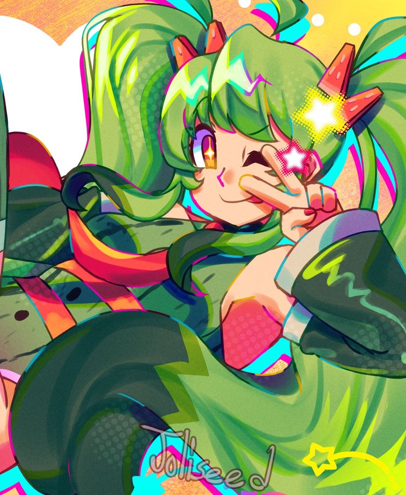 Watermelon miku doing a peace sign 
design by kaatokunart