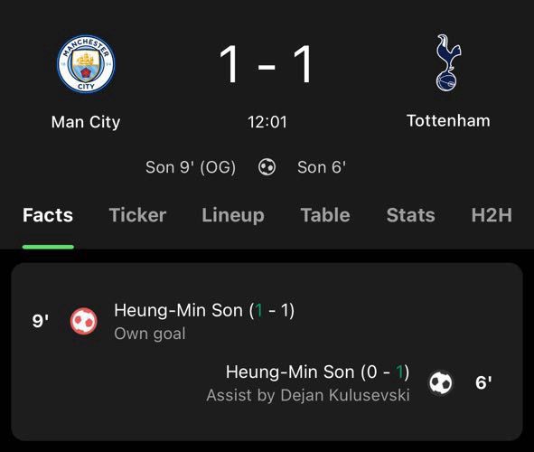 Screenshot of the score between Man City and Spurs, where Son scored both a goal and own goal within 3 minutes