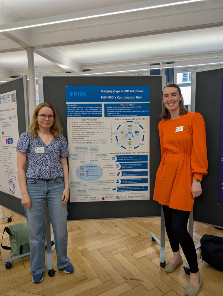 Two young women are standing on the right and left of a poster presenting the PID4NFDI project.