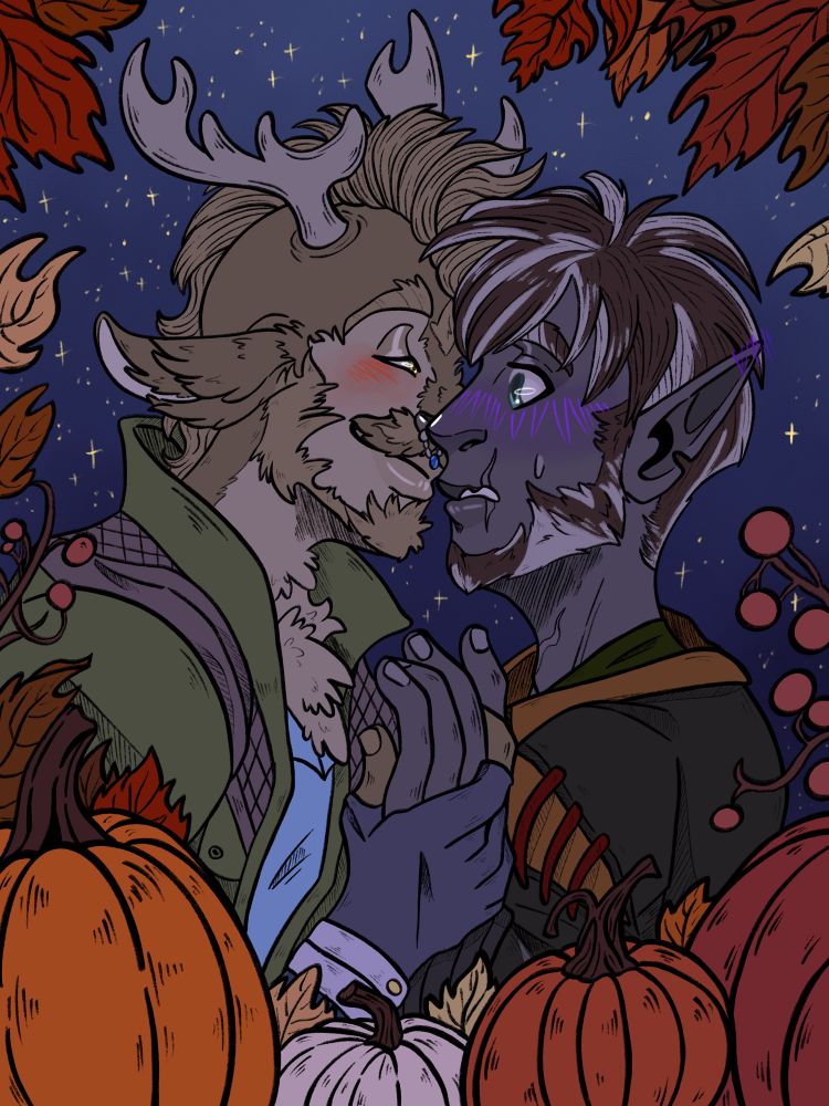 A half orc drow, Emeral, and a fluffy deer satyr, Jareth, out at night having a pumpkin patch date and about to share a kiss. Emeral just realized he’s on a date.