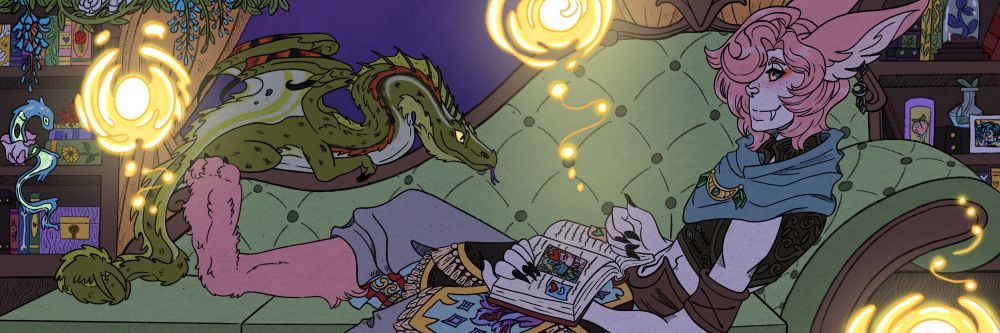 A pink bunny boy laying on a sofa while reading a romance novel at night. The room is light via dancing lights while his green dragon sneaks a peek at the book.