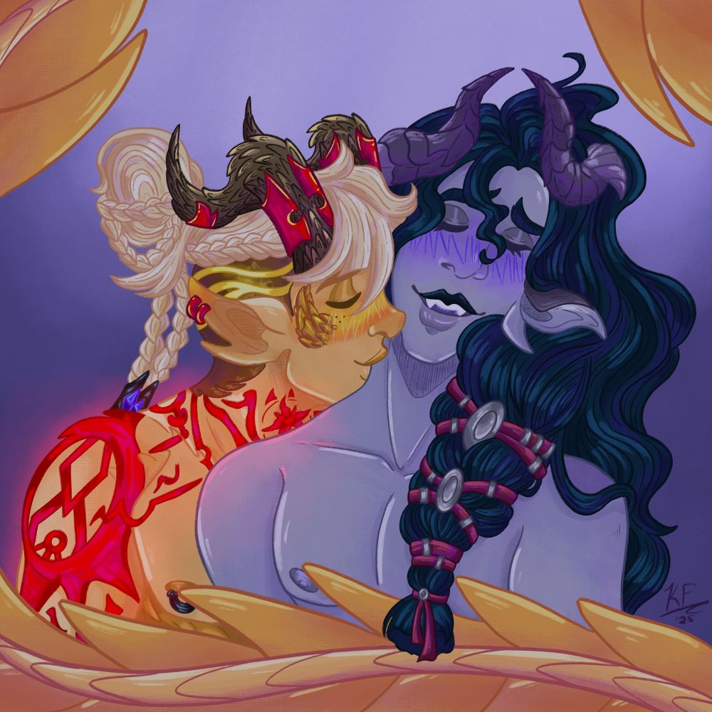 A soft and gentle moment of Phrynos and Cailean as he gives him a kiss on the neck.