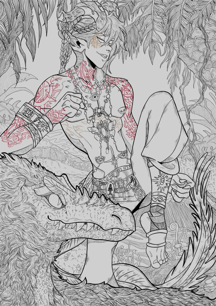 Detailed illustration of a tiefling monk striking a pose while in the jungle with a dinosaur nearby.