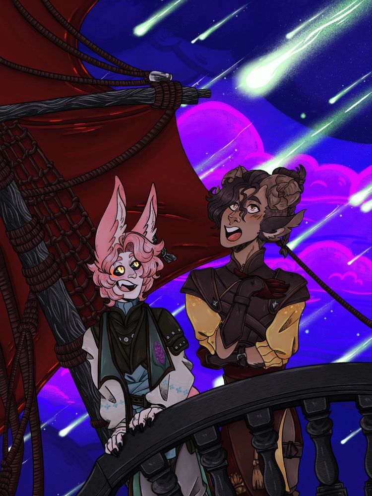 A pink bunny boy and cute stayr on top of a pirate ship excitedly enjoying a meteor shower.