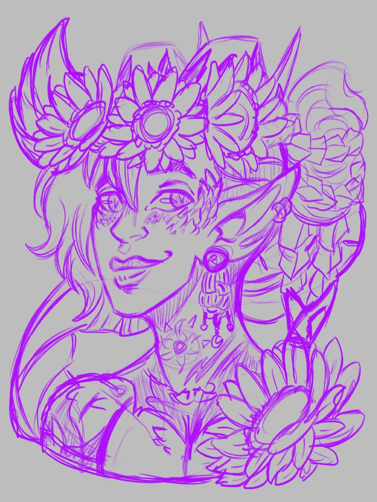 Headshot of Phrynos, a gold tiefling, surrounded by sunflowers and wearing a sunflower flower crown.