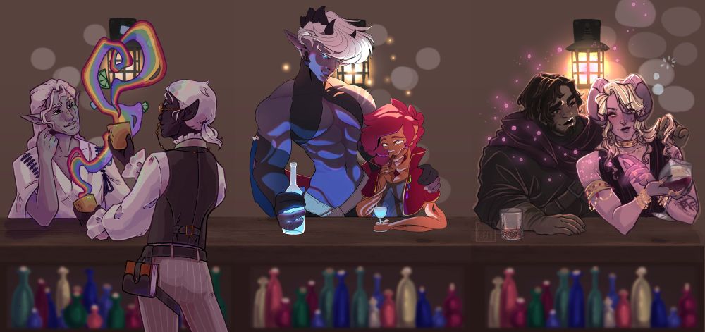 The bar piece, where everyone is being gifted mixed drinks from a rather magical looking Drow.