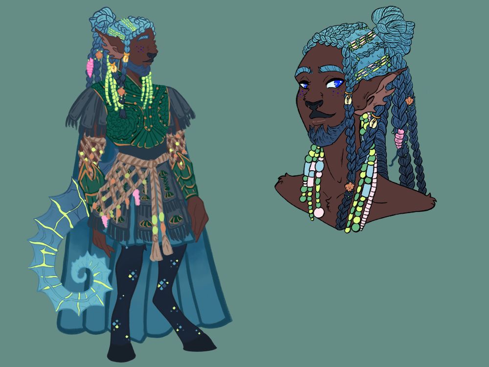 Fullbody reference design of Oulixes, a seaglass seahorse themed paladin/warlock. He has the kindest eyes and braids for days. His legs are also scaled.