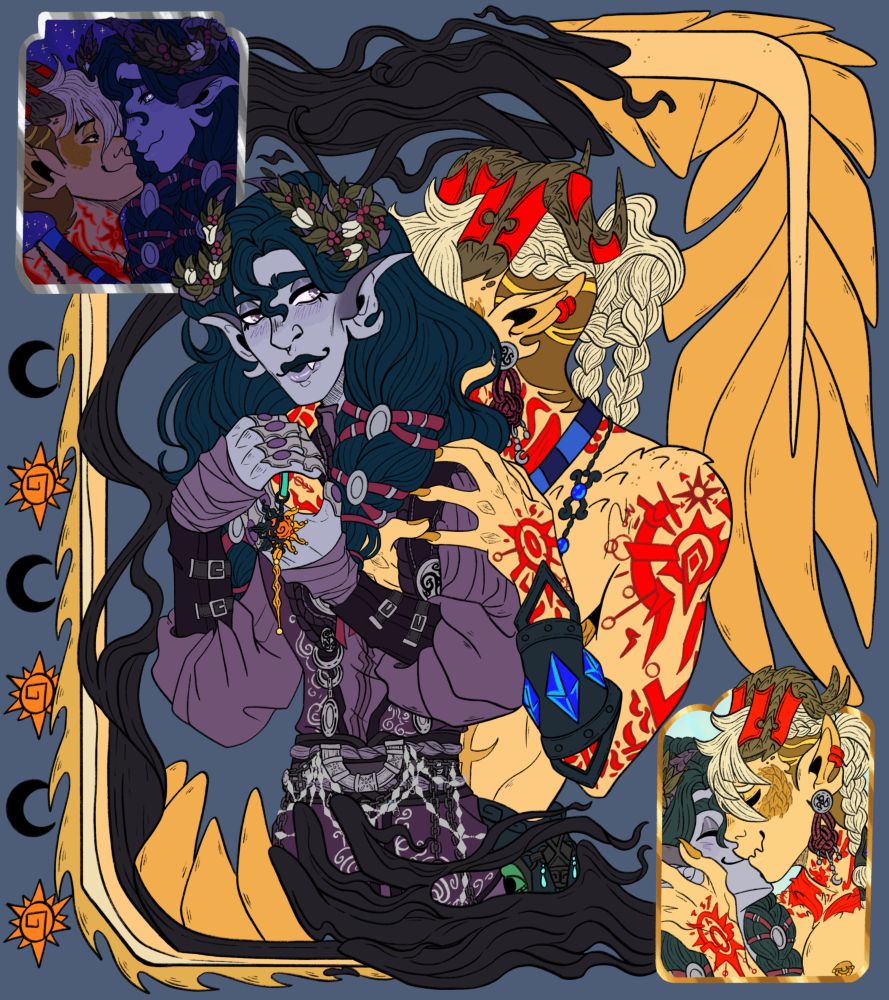 A gold tiefling holding and burying his head into the hair of a purple hexblood. The main piece is framed with the tieflings draconic tail and shadow hands while the two smaller panels are sun and moon themed. The moon frame is them at night staring lovingly into each other's eyes and the sun frame is them sharing a stilly little kiss.