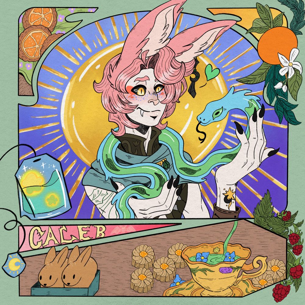 Square Illustration of Caleb, a pink bunny boy, holding his tea snake Peeko and smiling fondly. The piece is broken up into different panels that have various baked goods, teacup, teabag with little stars in it, and floral patterns.