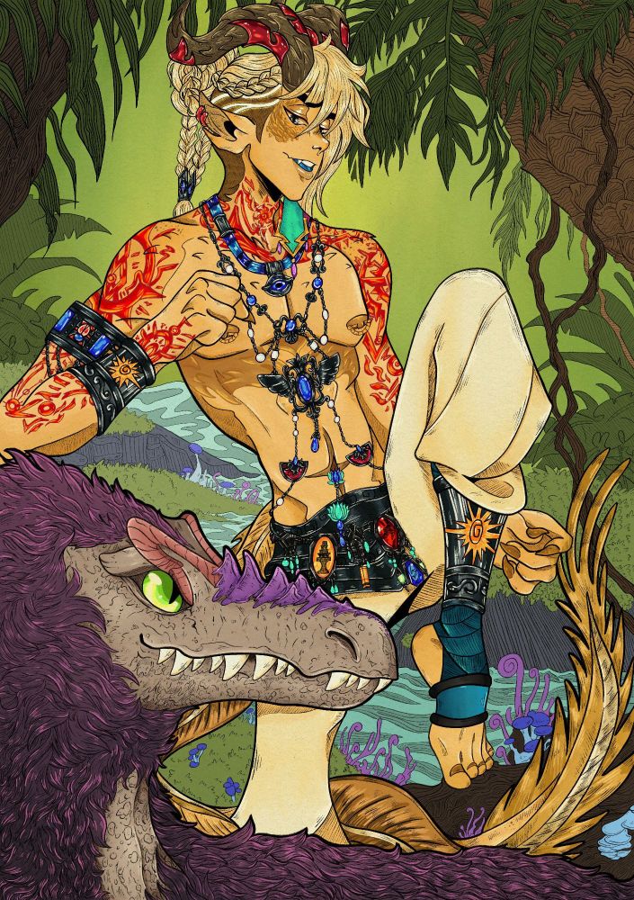 A gold tiefling monk in the jungle striking a pose with a smiling dinosaur nearby.