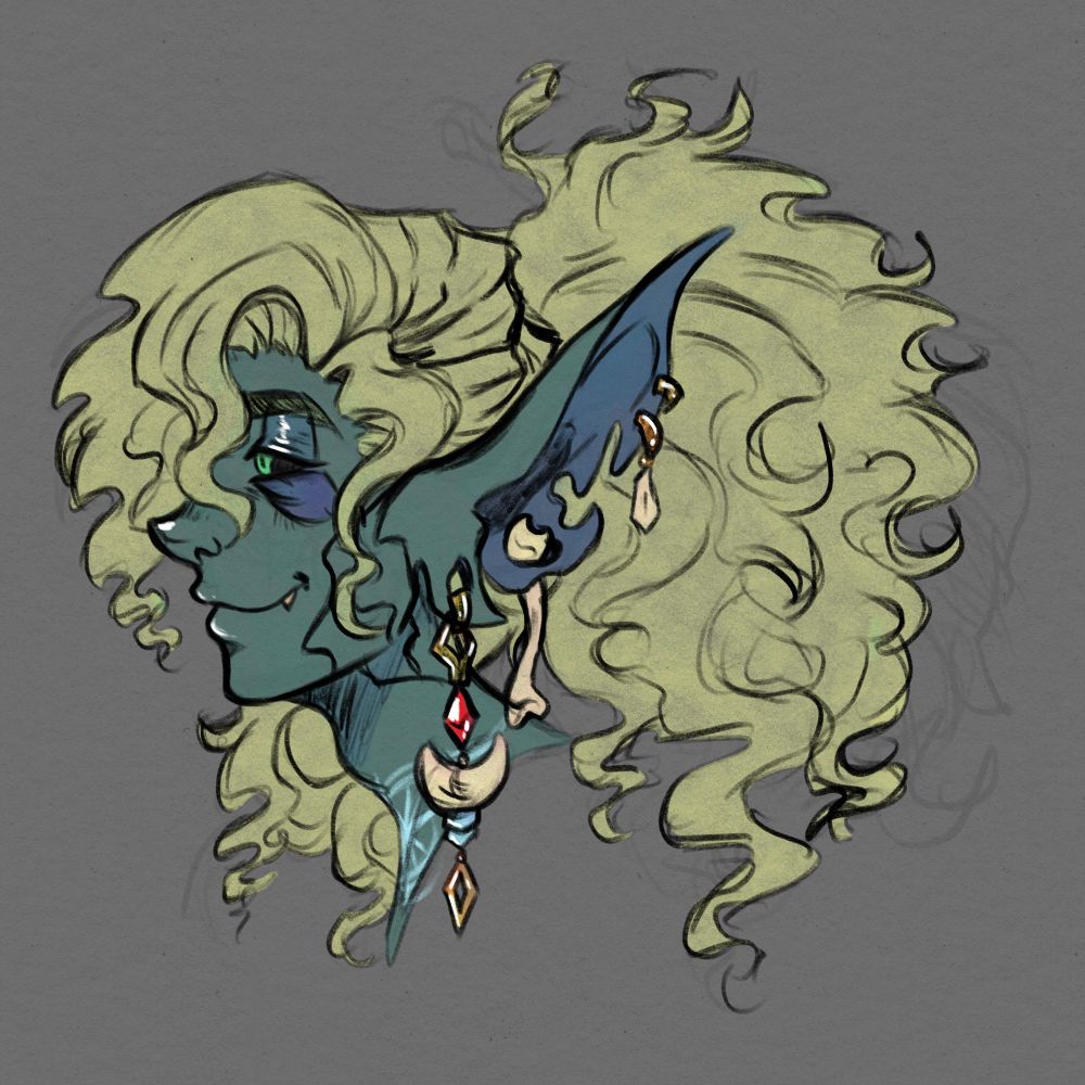 Headshot of a fey creature with messy green hair and bone jewelry decorating his split ear.