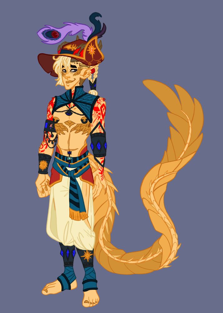 Fullbody pirate themed design for Phrynos, a gold dragon themed tiefling.