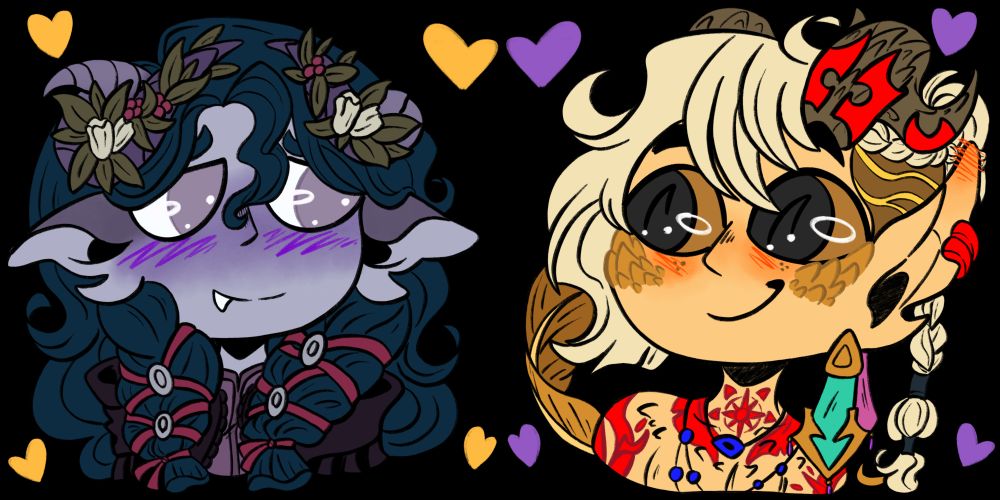 Chibi emotes of a gold tiefling and hexblood looking at each other blushing surrounded by little hearts.