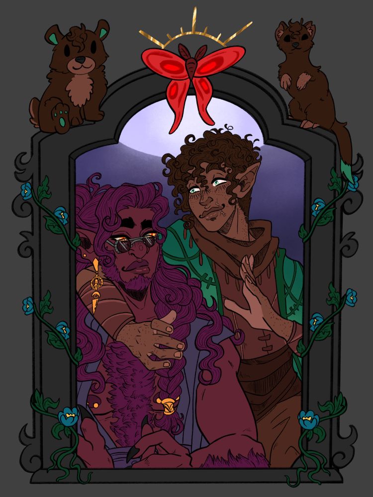 Varl, the hobgoblin, and Malon, the elven god, having a fun discussion while Mal has one of her arms wrapped around him. The background is the night with the moon hovering above and the piece is around a gothic frame with small flowers wrapped around. On top of the frame sits two of Malon’s wild shapes and a red lunar moth.