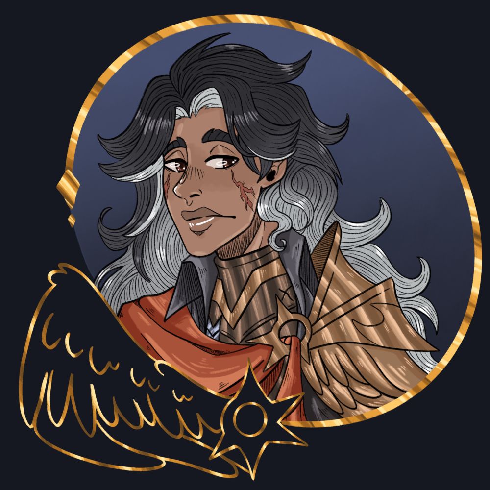 Bust of a grey haired knight looking off to the side unhappily.