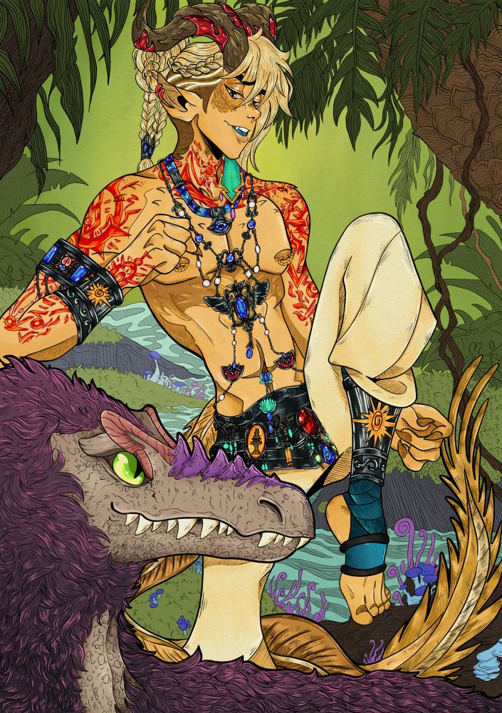 Fullbody of Phrynos striking a fighting pose in a jungle with a smiling dinosaur nearby.