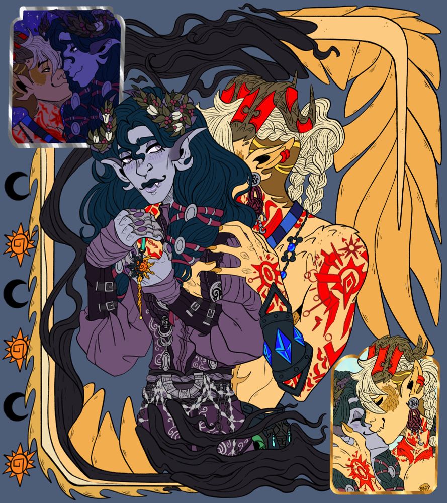 A framed piece of Phrynos with his partner, Cailean. He’s holding him close and biting his head into Cailean’s hair. The other frames show them smiling happily at each other as well as sharing a silly kiss.