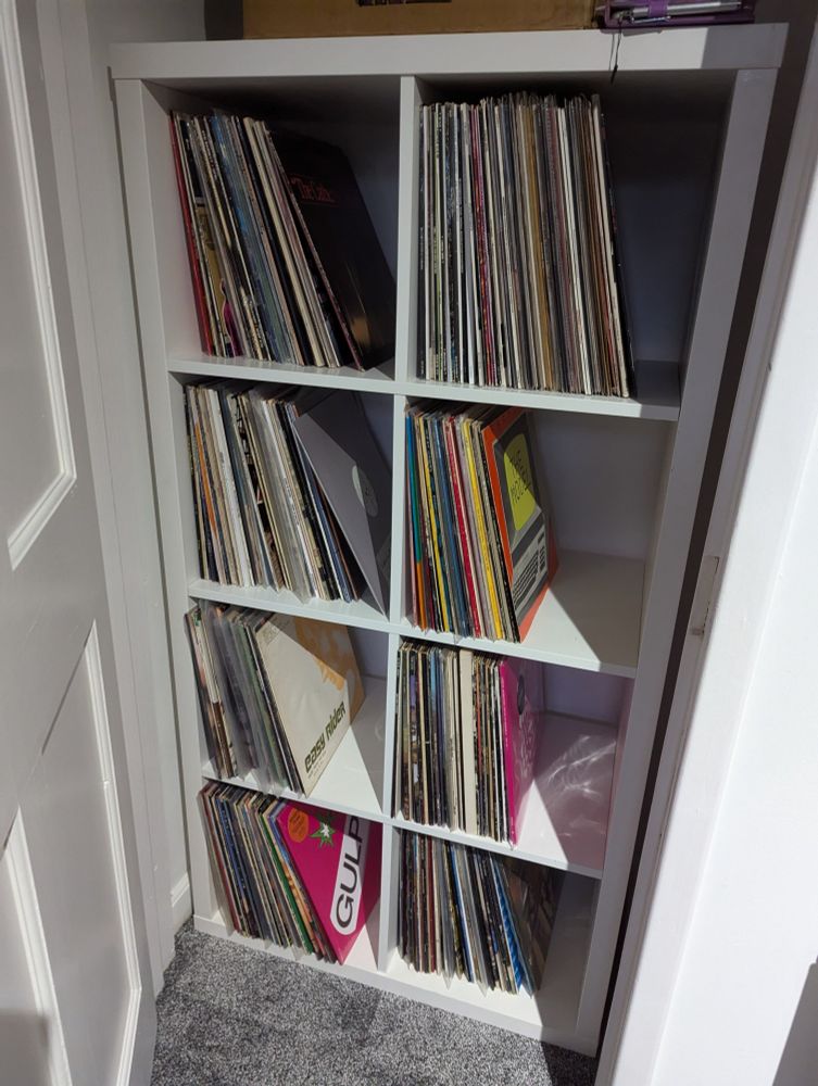 Photograph of shelves in a cupboard with hundreds of vinyl records