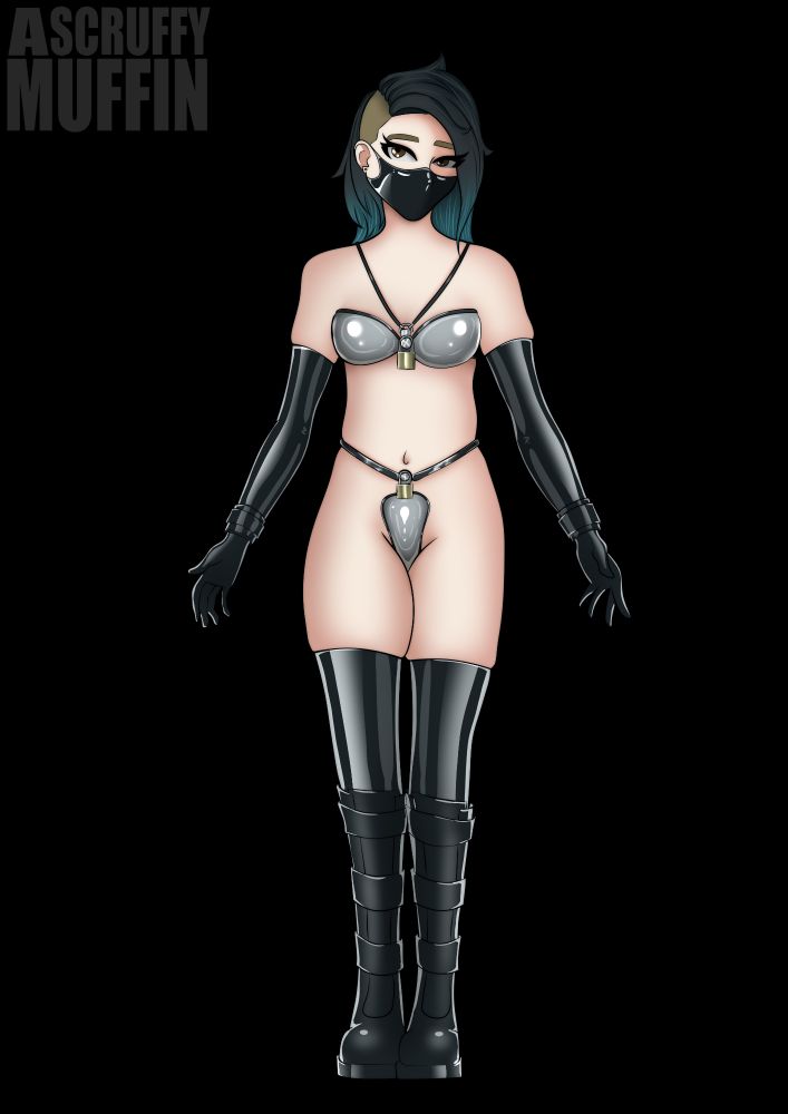 a drawing of myself in which I'm wearing a latex facemask, gloves and thigh highs alongside knee high boots, and steel chastity gear.