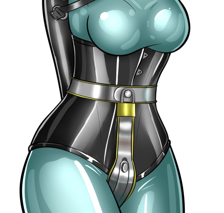 the previous drawing of a chastity belt over a corset, but this time with shiny effects.