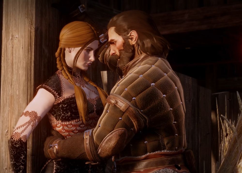 screencap of inquisitor pressed up against barn wall by blackwall from dragon age inquisition 