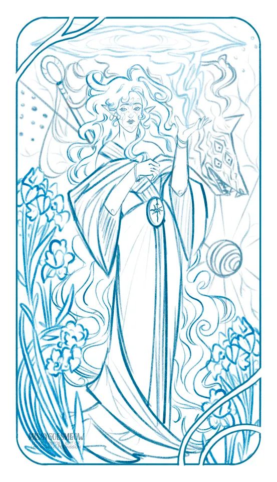 an art nouveau style illustration of a female elf. she is surrounded by flowers and behind her is a wolf in profile (it has six eyes, you can see three). above her is a swirling vortex which strikes down to connect to her hand.