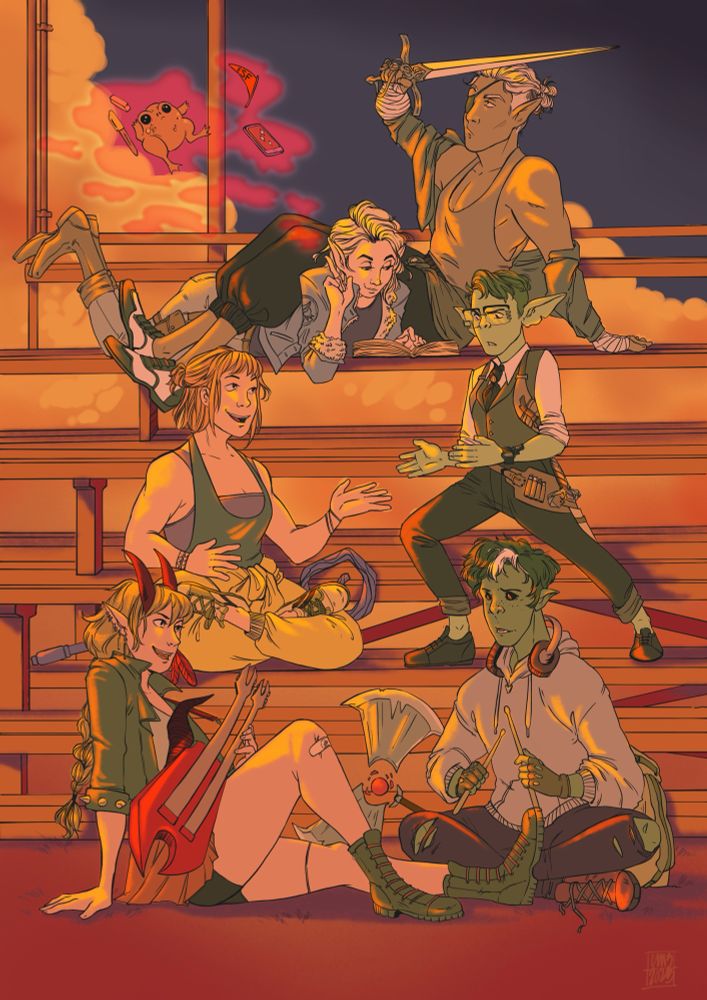 The Bad Kids of Dimension 20’s Fantasy High relaxing on the school bleachers as the sunset gives everything an orange glow