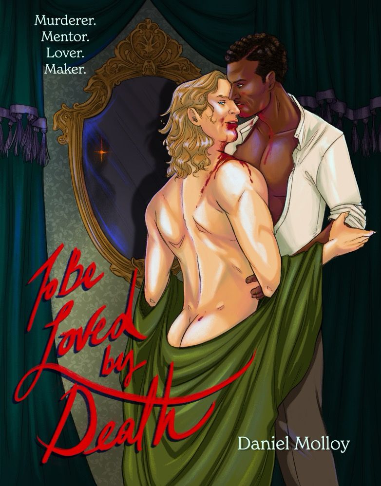 An illustration in the style of 80’s romance novel covers featuring Louis and Lestat from Interview With The Vampire