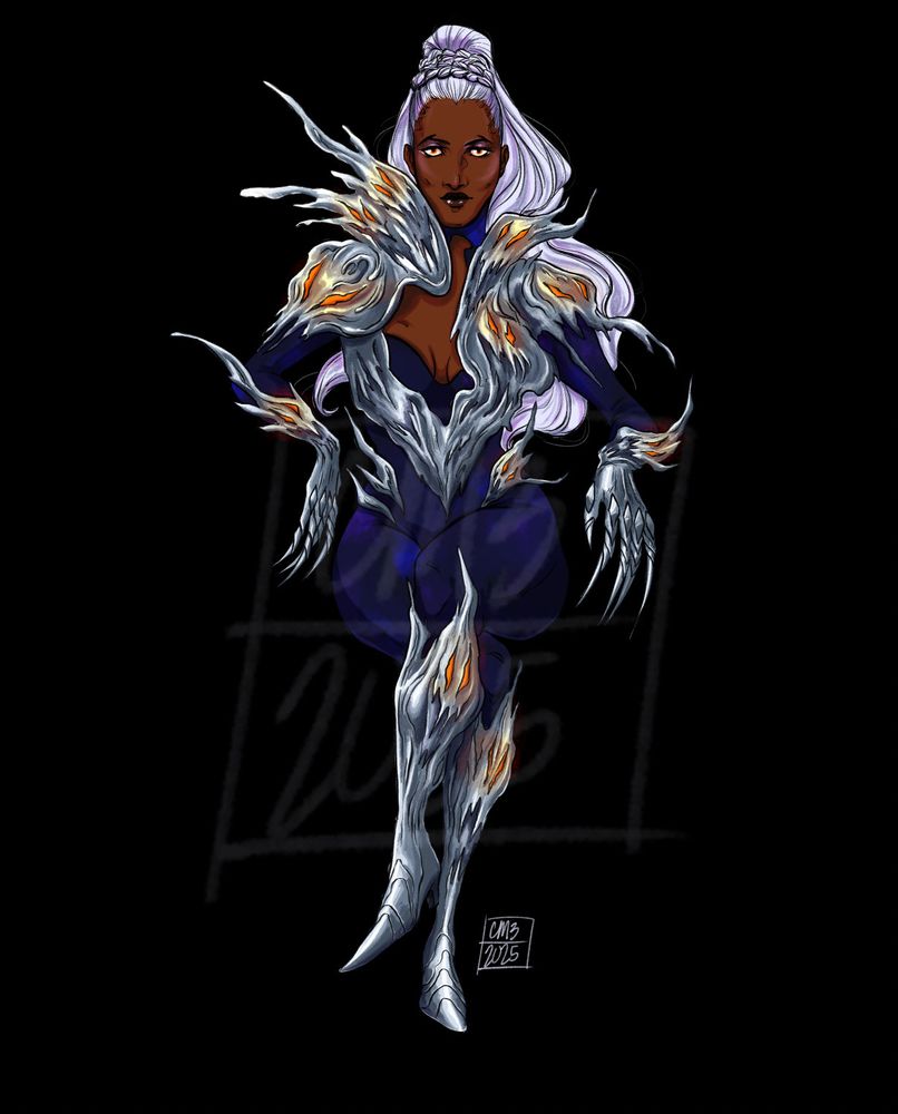 A high fantasy wizard, a stunning black woman with long white hair clad in swirling chrome armor flicking with the orange glow of the eyes of spirits trapped in the metal
