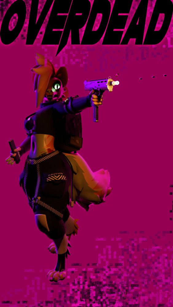 Angel Douglas firing a machine pistol in front of a pink background