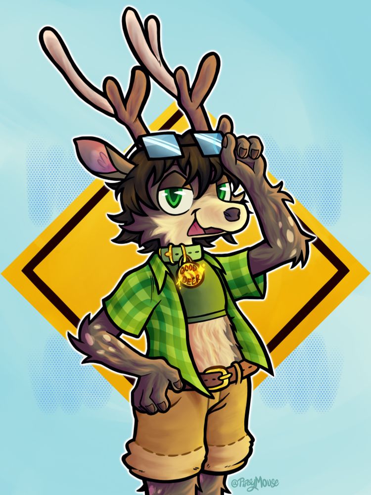 A anthro Deer (Odie) with a dear crossing sign behind him. Odie is wearing unbuttoned green plaid short sleeved. Shirt, an olive green crop top, and brown shorts. There is a sing collar on his neck with text saying “good deer”. He is holding up his glasses in a causal way.#furry #furryart #art #commission 