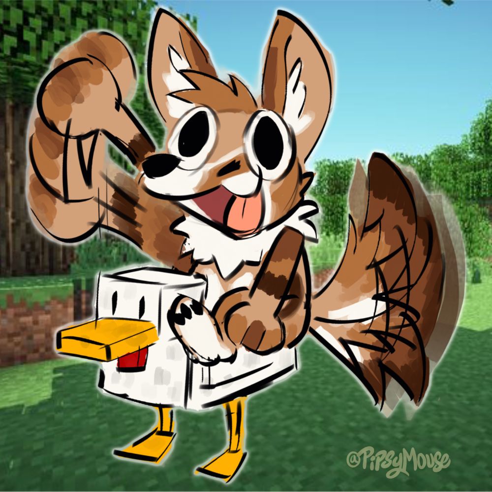 Chicken Jockey, Jack Black meme. Featuring my good friend Aegis. The background is a grassy Minecraft area. Aegis, a brown fennec fox is on top of a chicken. #Minecraft #Meme #Furryart #furry 