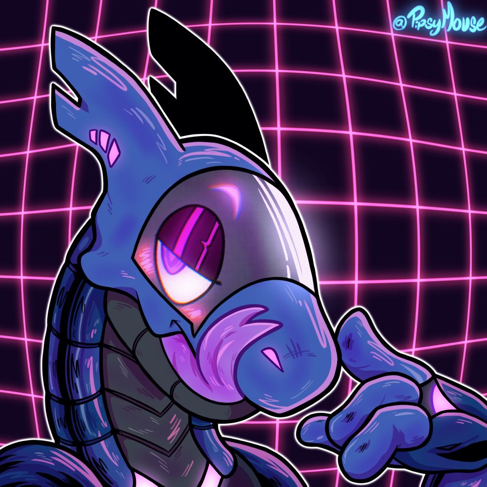 #Art #Furry #furryart a blue synth with a long purple tounge in a licking its muzzle as well as having a flirtatious eye. The background is a globe like purple neon grid 