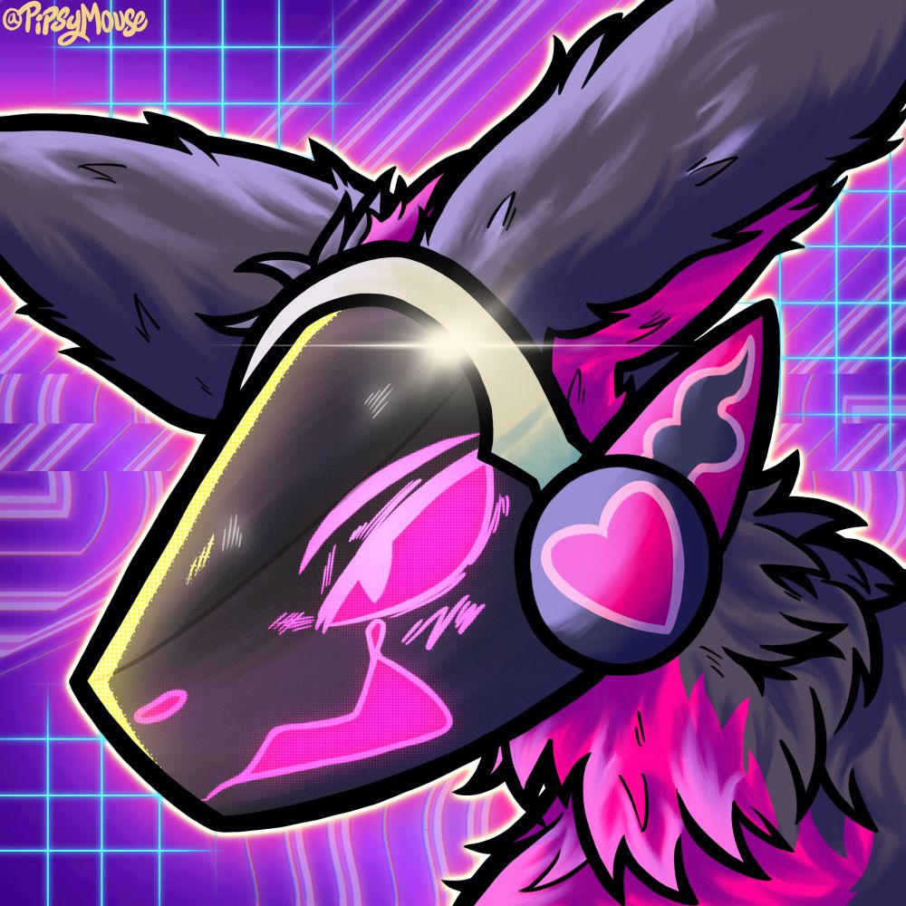 #furry #Art #furryart  #protogen A protogen with black and pink fur with a pink light up emotions with heart theming. There is a blue electronic landscape in the background 