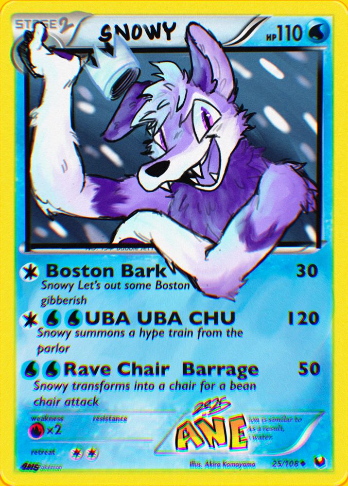 A pokemon parody card of Snowy a lavender lapdog. The text reads as such “Boston Bark : snowy lets out  some Boston gibberish” “UBA UBA UBA CHU : Snowy summons a hype train from the parlor” “Rave Chair Barrage : Snowy transforms into a chair for a bean chair barrage” 

#furry #pokemon #artshare 