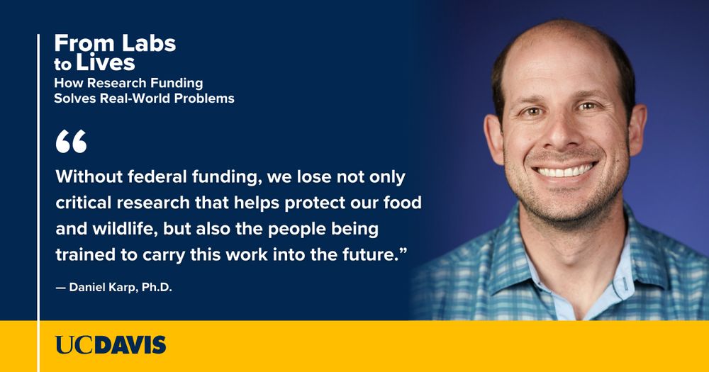 Headshot of Daniel Karp against a dark blue background with white text that reads, "From Labs to Lives: How Research Funding Solves Real World Problems" and his quote, "Without federal funding, we lose not only critical research that helps protect our food and wildlife, but also the people being trained to carry this work into the future."