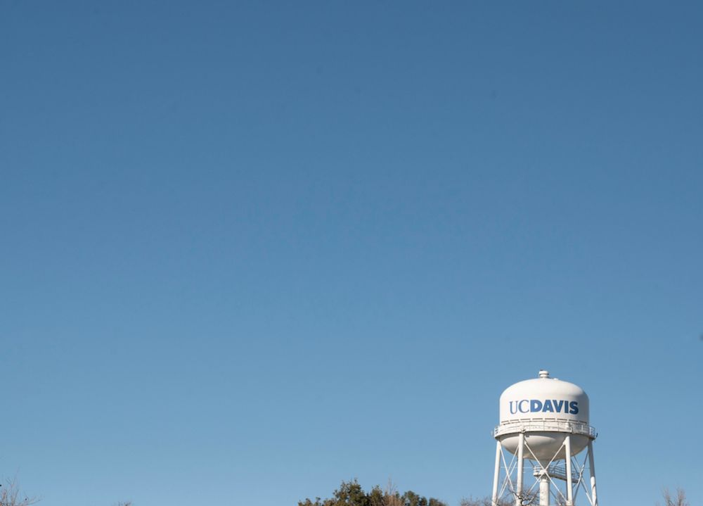 Cloudless bright blue sky with a hint of green trees and the white water tower with UC Davis in blue lettering