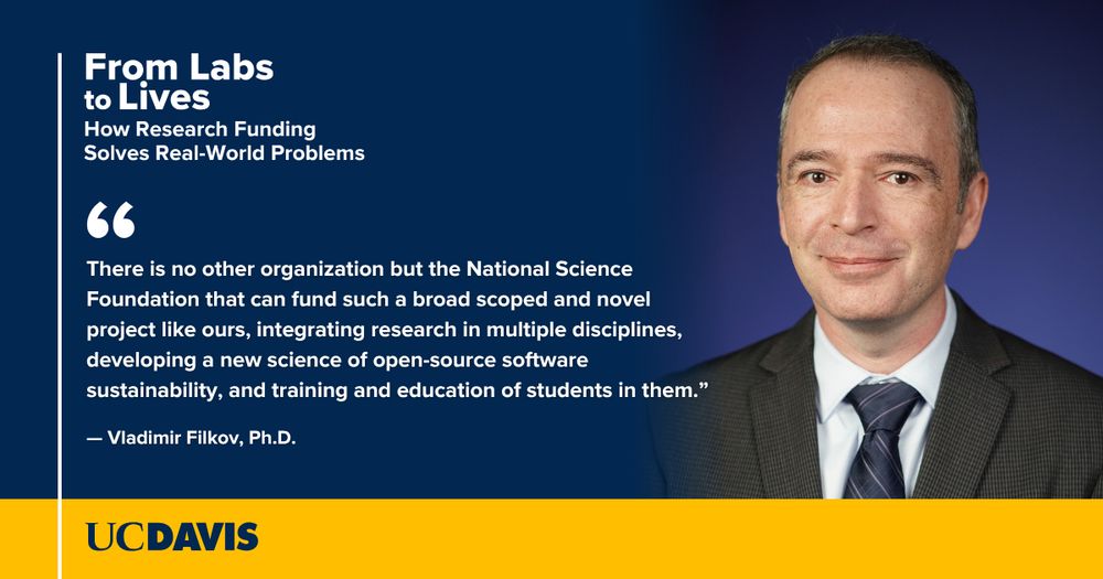Headshot of Vladimir Filkov against a dark blue background with white text that reads, "From Labs to Lives: How Research Funding Solves Real World Problems" and his quote, "There is no other organization but the National Science Foundation that can fund such a broad scoped and novel project like ours, integrating research in multiple disciplines, developing a new science of open-source software sustainability, and training and education of students in them."