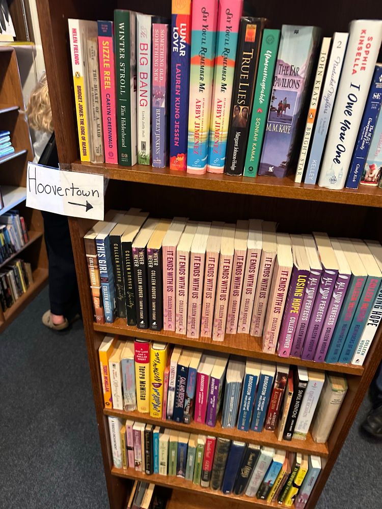 A shelf of used Colleen Hoover novels with a hand-written written shelf tag that says “Hoovertown” 

(Reference may be to the Hoovervilles, a derogatory name for the US shantytowns and homeless encampments during the Great Depression.)